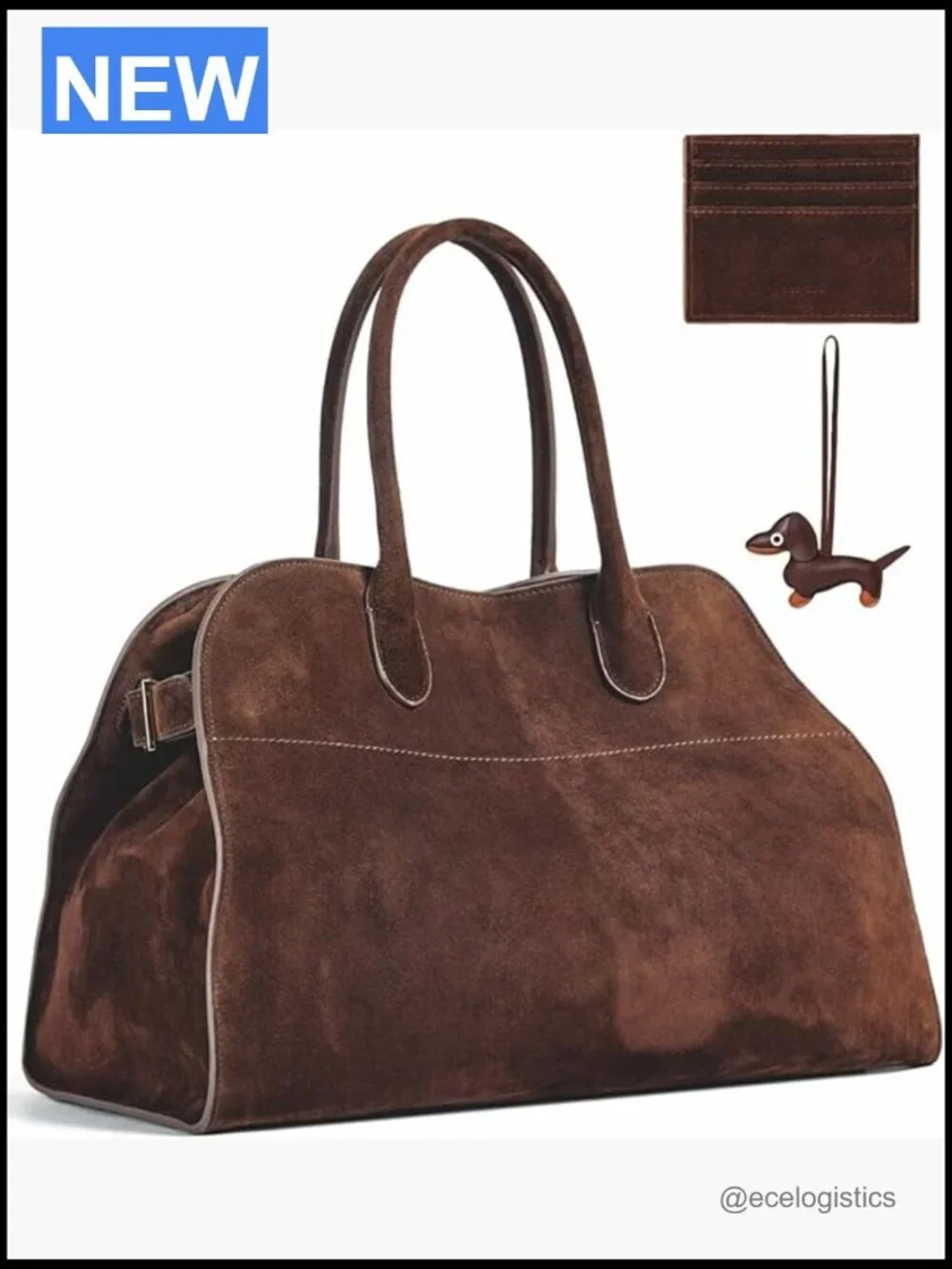 Genuine Suede Tote Bag with Puppy Charm and Card Holder